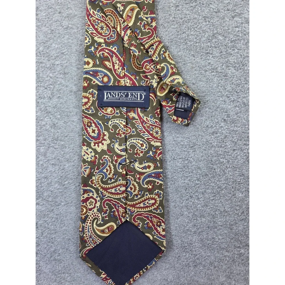 Lands End Mens Paisley Silk Necktie OS Olive Green Burgundy Preppy Classic